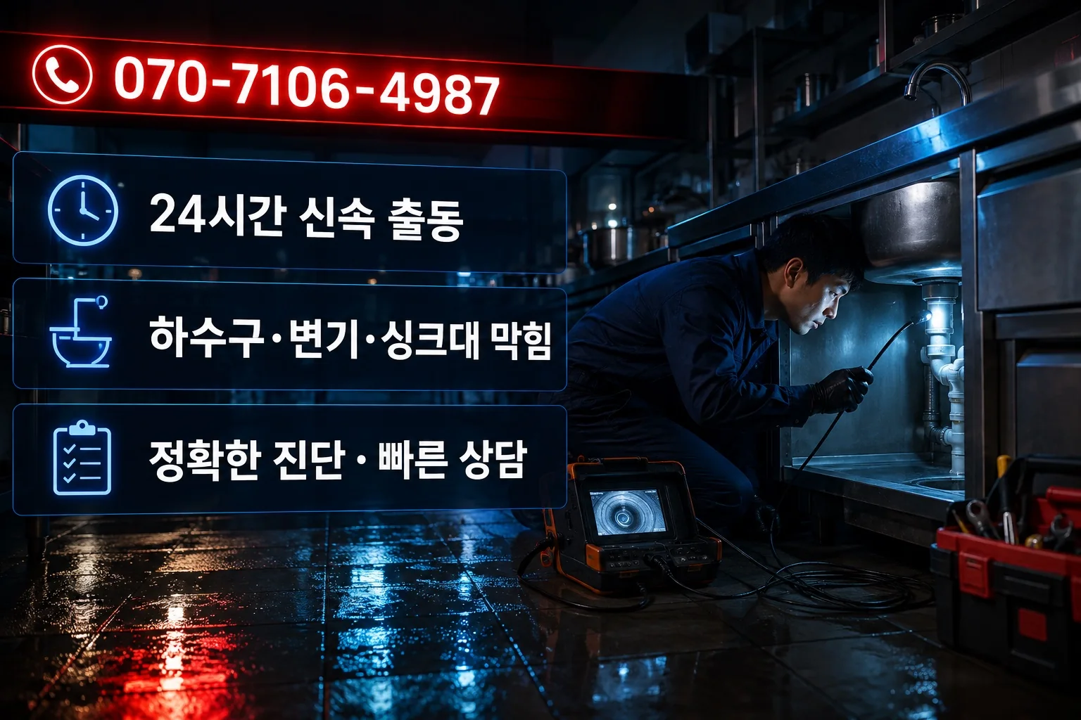 새솔배관 야간 상가 싱크대 점검 서비스 안내
